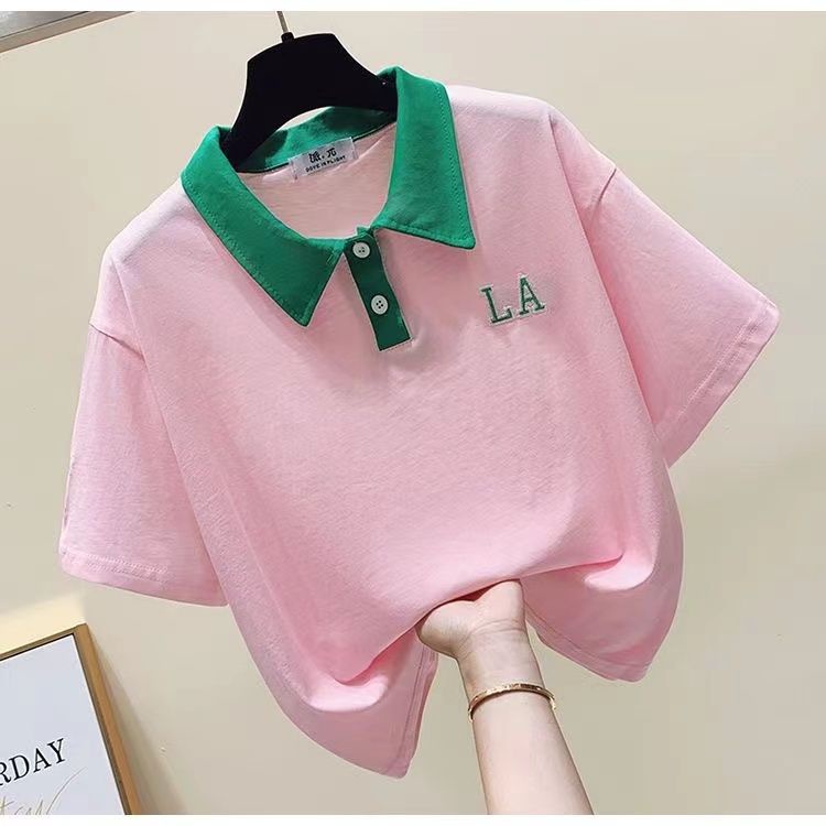 Áo Thun polo Cotton Nguyên Chất Tay Ngắn Dáng Rộng Màu Tương Phản Phong Cách Hàn Quốc Thời Trang Mùa Hè Mới Cho Nữ
