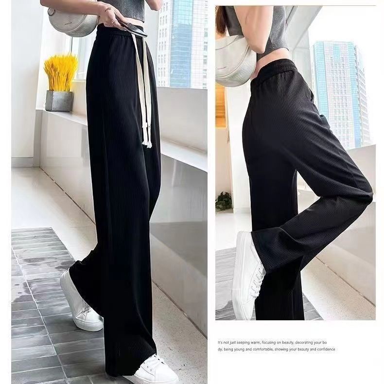 Quần Dài Vải Lụa Lạnh Mỏng Lưng Cao Ống Rộng Màu Đen Chống Nắng Thời Trang Mùa Hè Cho Nữ