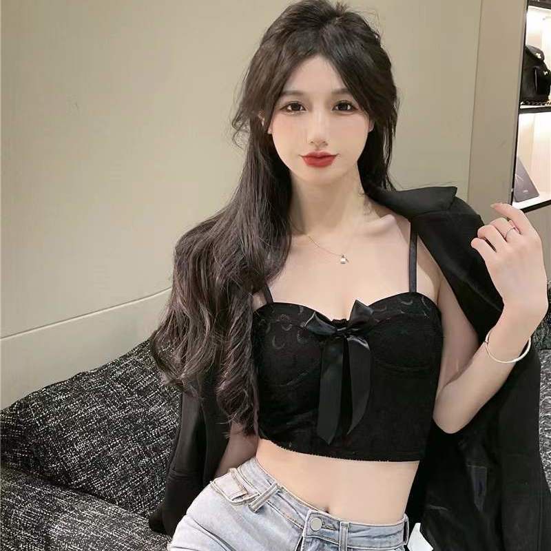 Bán Chạy ~ Áo Hai Dây Phối Ren Thắt Nơ Màu Trơn Phong Cách Mới Với Đệm Ngực Ôm Ngực Cho Nữ