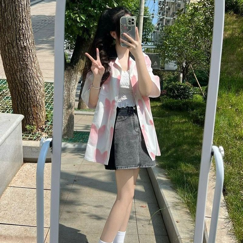 Áo Sơ Mi Ngắn Tay Họa Tiết Trái Tim Phong Cách Hong Kong Thời Trang Mùa Hè Cho Nữ