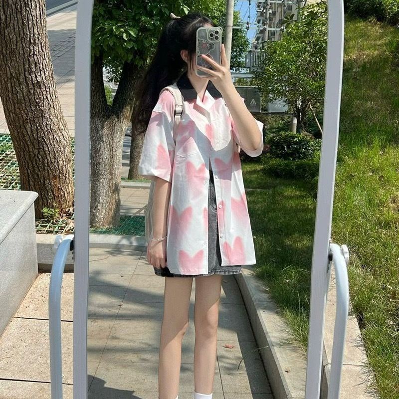 Áo Sơ Mi Ngắn Tay Họa Tiết Trái Tim Phong Cách Hong Kong Thời Trang Mùa Hè Cho Nữ
