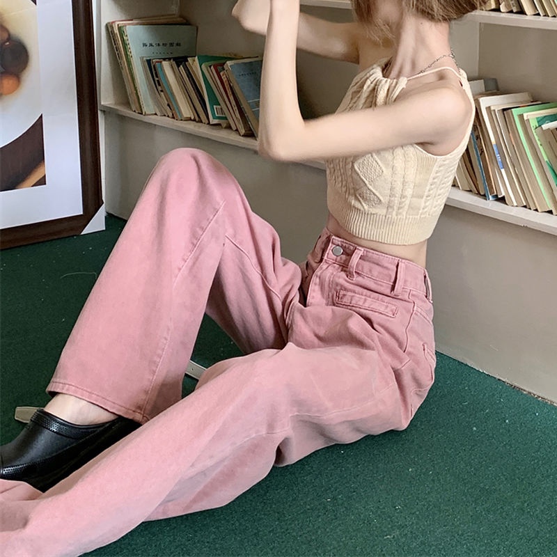 Quần Jean Dài Lưng Cao Ống Rộng Màu Hồng Thời Trang Xuân Thu Phong Cách Hàn Quốc Mới Cho Nữ