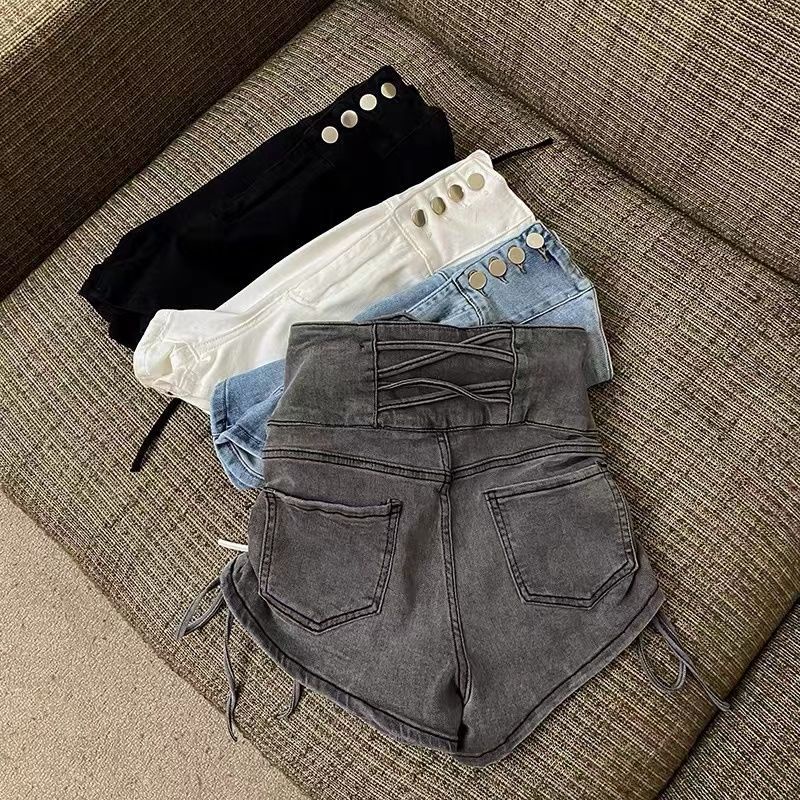 Quần Short Denim Lưng Cao Ống Rộng Phối Dây Rút Thời Trang Mùa Hè Hàng Mới Dành Cho Bạn Nữ