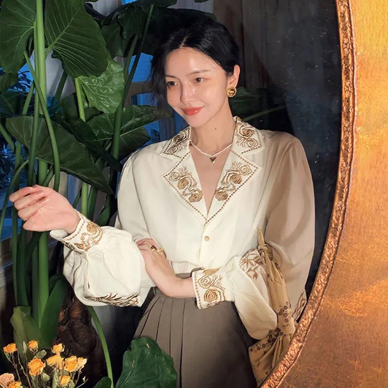 Áo Sơ Mi Tay Phồng Thêu Họa Tiết Phong Cách Hong Kong Thời Trang Mùa Thu 2023 6.9