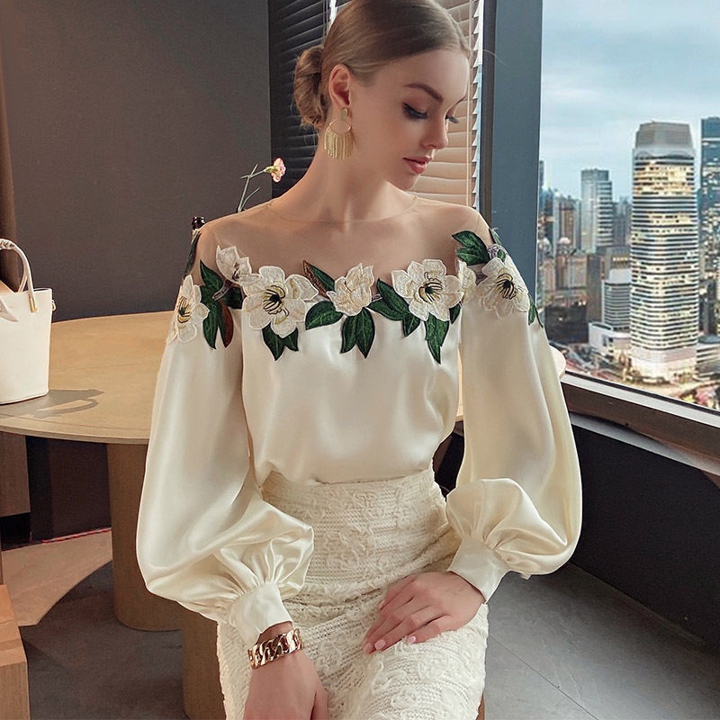 Áo Sơ Mi Satin Thêu Họa Tiết Phong Cách Công Nghiệp Thời Trang Xuân Thu 2023 6.9 Cho Nữ