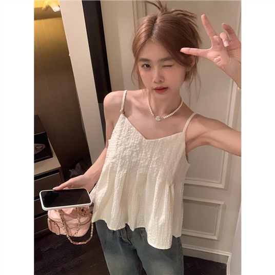 Bán Chạy ~ Áo Hai Dây Nhỏ Màu Trơn Phong Cách Niche Pháp Mặc Ngoài Trời Cho Nữ