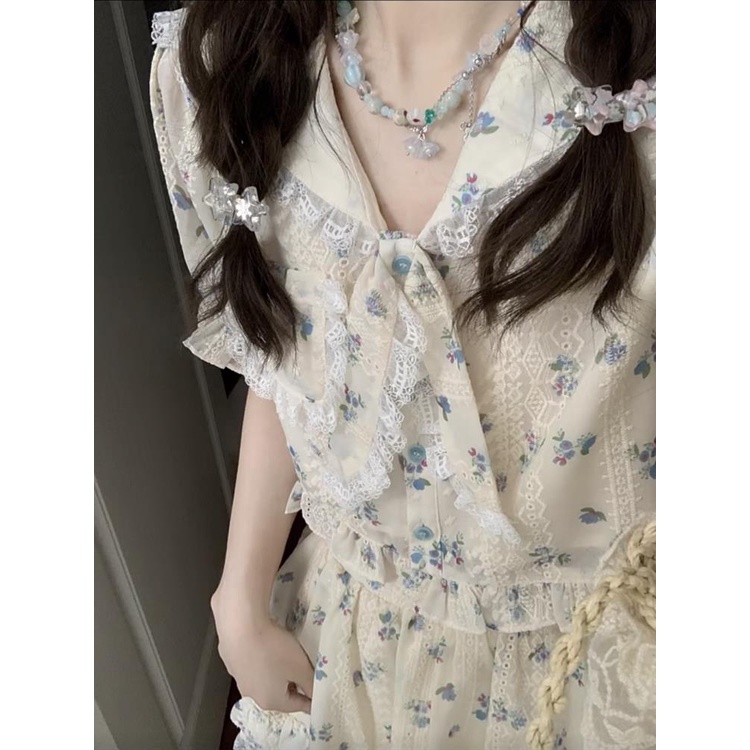 Set Áo Ren Ngắn Tay Thắt Nơ In Hoa + Chân Váy Ren Thời Trang Nữ Tính 6.16