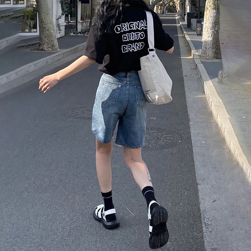 Phong Cách Mới ~ Quần Short Denim Mỏng Năm Điểm Eo Cao Dáng Suông Rộng Phong Cách Retro Mùa Hè Cho Nữ @ -