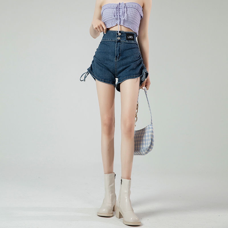 Phong Cách Mới ~ Quần Short Denim Lưng Cao Dáng Chữ a Ống Rộng Phối Dây Rút Thời Trang Mùa Hè Dành Cho Nữ