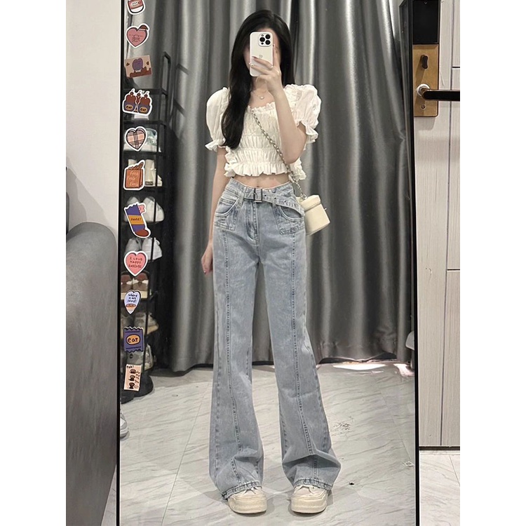 Quần Jeans Ống Loe Lưng Cao Màu Sáng Phong Cách Thời Trang Đường Phố Mỹ Cho Nữ