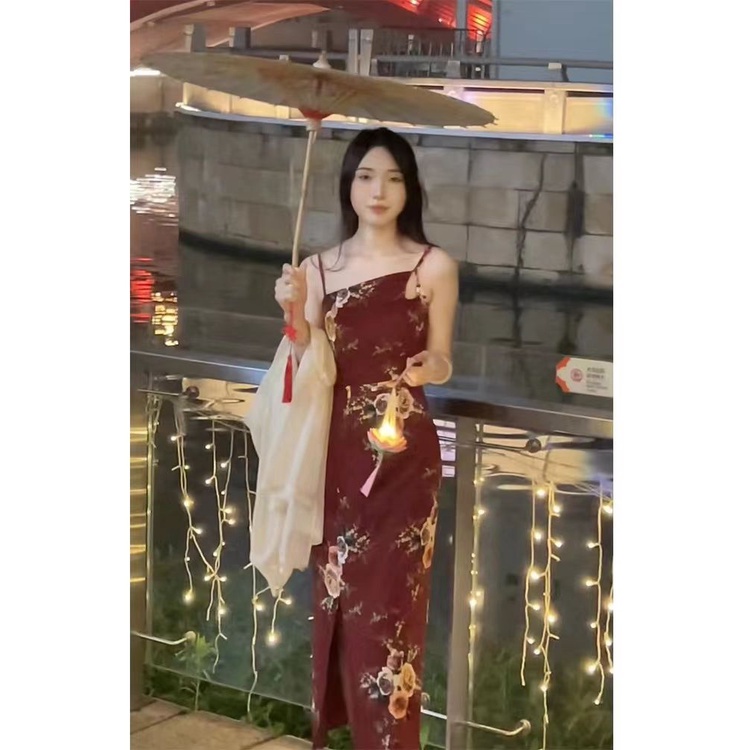Set Đầm Hai Dây Họa Tiết Hoa Phong Cách Trung Hoa Cổ Điển 7.12 Cho Nữ