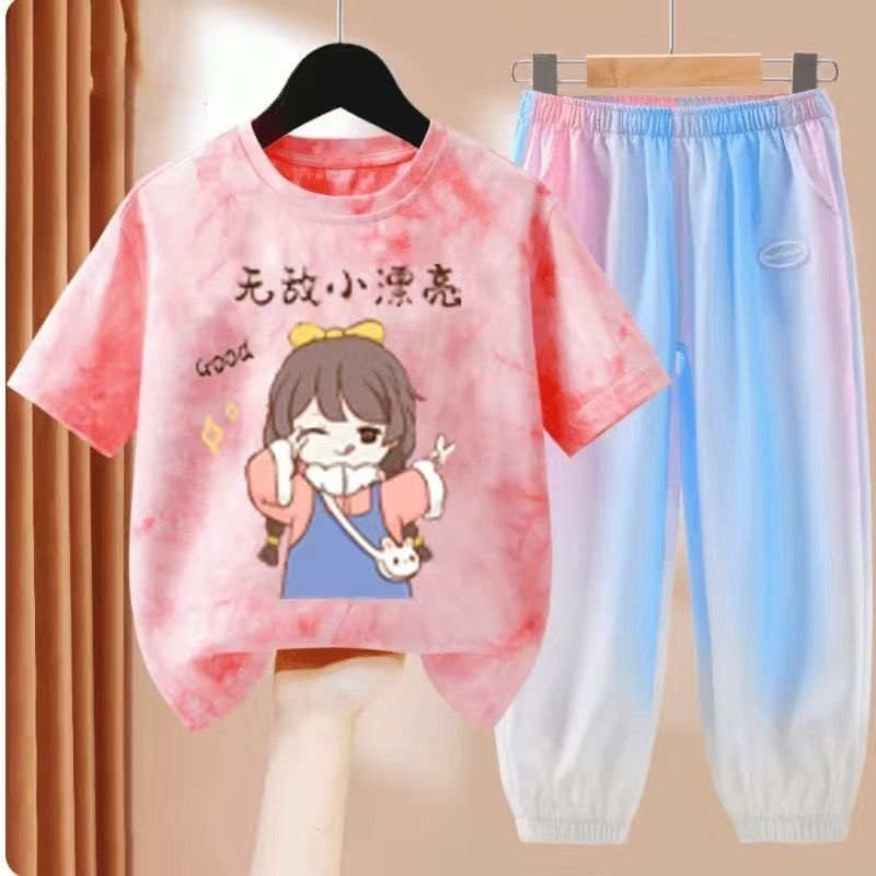 Bộ Áo Thun Tay Ngắn Và Quần Dài Bằng Lụa Mát Thời Trang Mùa Hè 2023 Dành Cho Bé Gái
