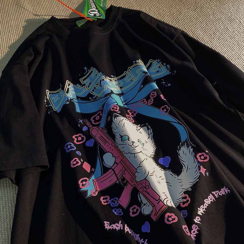 Áo Thun 100% Cotton Tay Ngắn Dáng Rộng In Họa Tiết Hoạt Hình Nhật Bản Thời Trang Mùa Hè Cho Nam Và Nữ