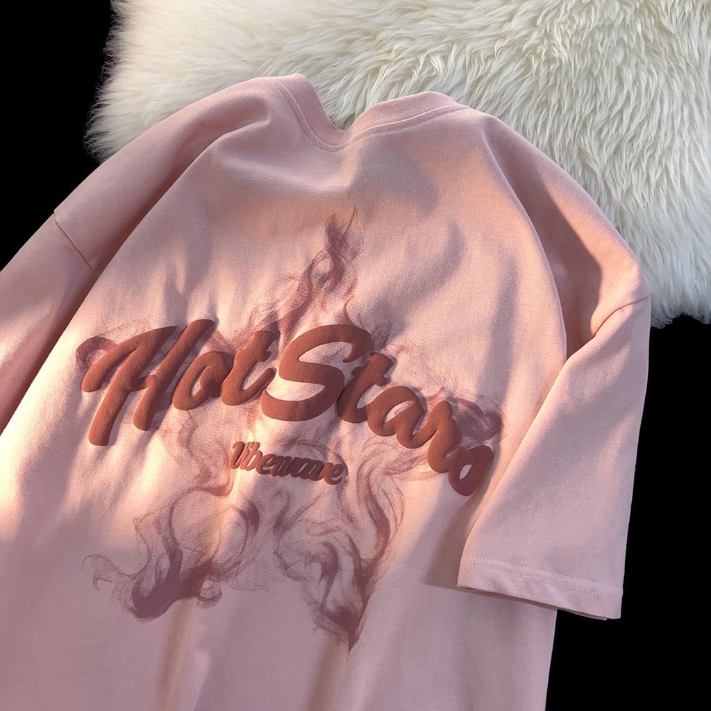 Áo Thun Tay Ngắn In Hình Ngôi Sao Màu Hồng Phong Cách Retro Dành Cho Nam Nữ