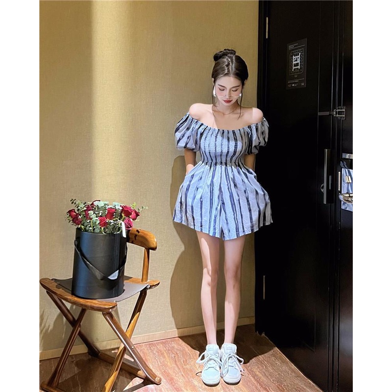 Jumpsuit Trễ Vai Lưng Cao Họa Tiết Kẻ Sọc Thời Trang Mùa Hè Cho Nữ