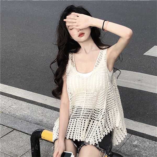 Hàng Mới Về PPHOME Áo Không Tay Dáng Rộng Thiết Kế Đan Móc Rỗng Phong Cách Blogger ~