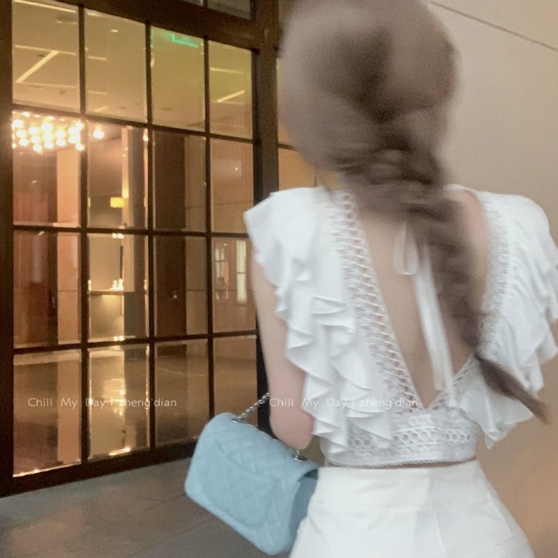 Áo Sơ Mi Ngắn Tay Phối Ren + Quần Short Lưng Cao Thời Trang Mùa Hè Hàng Mới