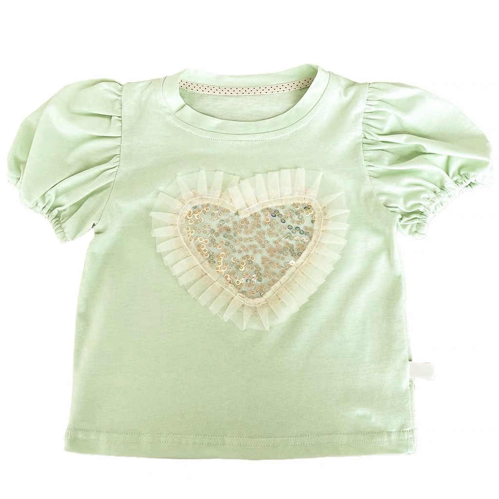 Hàng Có Sẵn ~  Áo Thun Tay Ngắn Bong Bóng Đính Kim Sa Trái Tim Phong Cách Mới Mùa Hè Cho Bé Gái