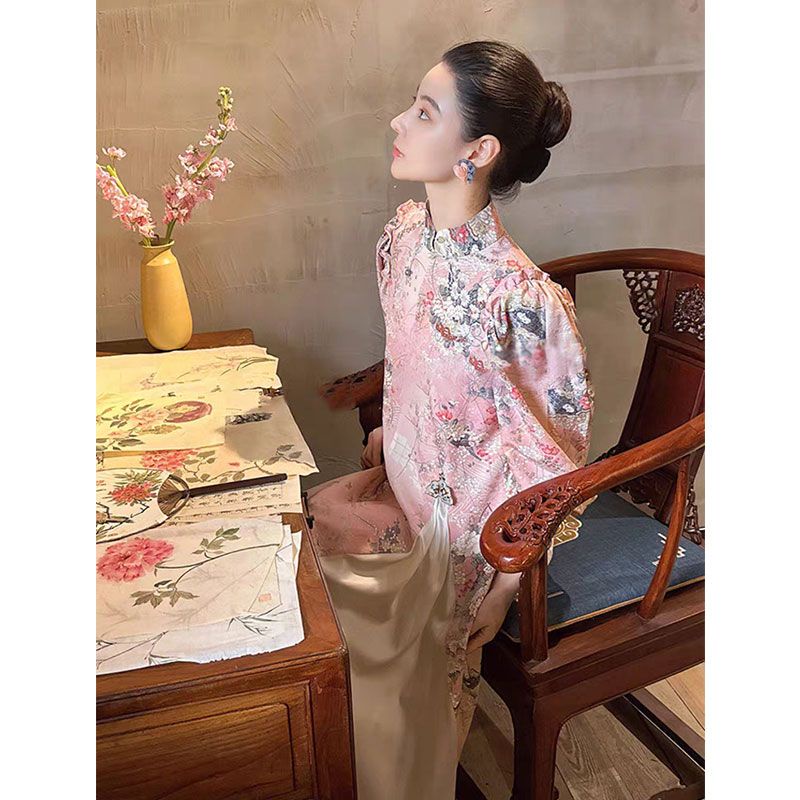 Đầm Sườn Xám Cách Tân Cổ Đứng Cài Khóa In Hoa Kiểu Pháp Thời Trang Mùa Xuân 2023 Cho Nữ