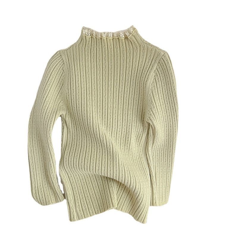 Áo Sweater Dệt Kim Cổ Lọ Phối Ren Thời Trang Thu Đông Cho Bé Gái
