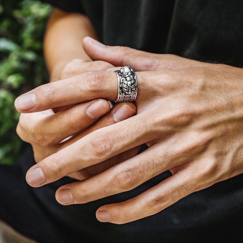 Nhẫn Hở Mạ Bạc Hoạ Tiết Pixiu Độc Đáo Phong Cách Retro Cho Nam Giới