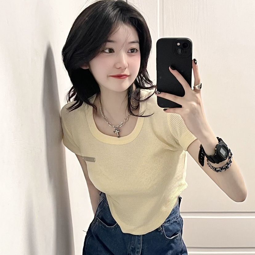 Áo Thun Ngắn Thiết Kế Viền Bánh Waffle Dễ Thương Ngọt Ngào