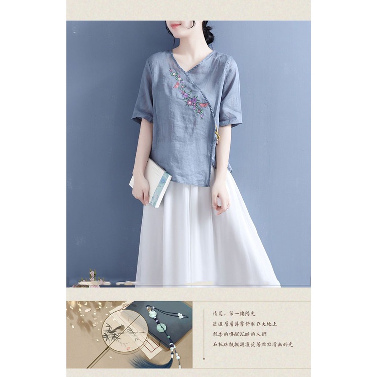 Áo Thun 40% Cotton Tay Ngắn Dáng Rộng Thêu Họa Tiết Phong Cách Retro Dành Cho Nữ