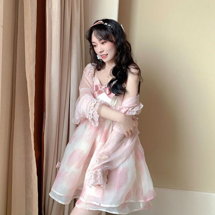 Đầm công chúa Đầm Hai Dây Mỏng Nhẹ Đính Nơ Kim Cương Phong Cách Pháp Ngọt Ngào Thời Trang Mùa Hè Cho Nữ