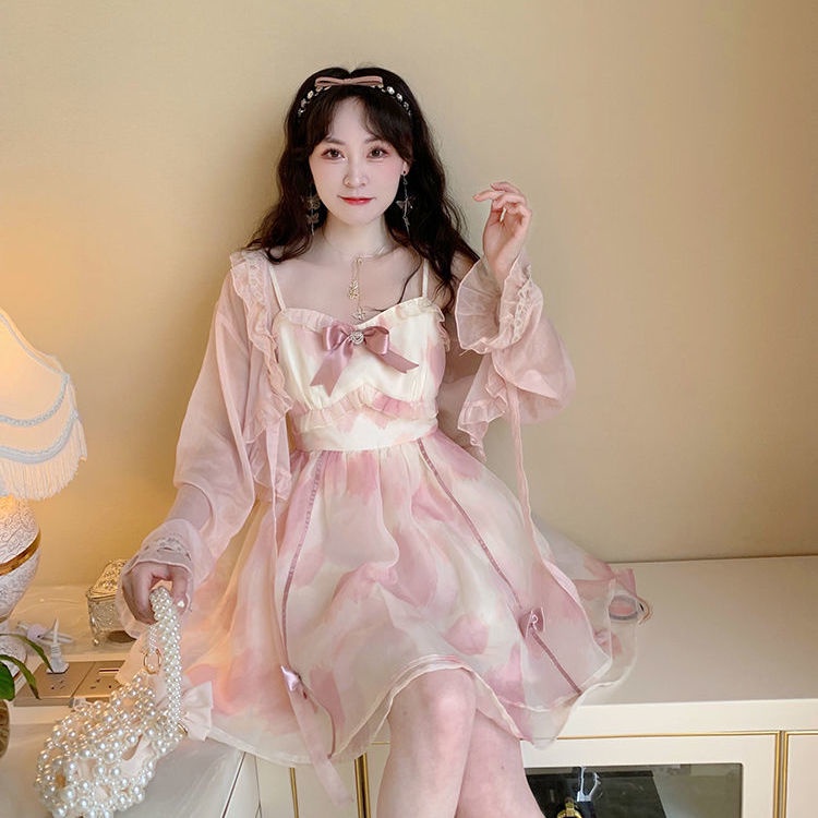 Đầm công chúa Đầm Hai Dây Mỏng Nhẹ Đính Nơ Kim Cương Phong Cách Pháp Ngọt Ngào Thời Trang Mùa Hè Cho Nữ