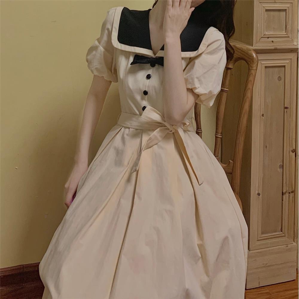 Đầm Dài Cổ Thủy Thủ Ôm Eo Thoải Mái Phong Cách Retro Pháp Ngọt Ngào Cho Nữ