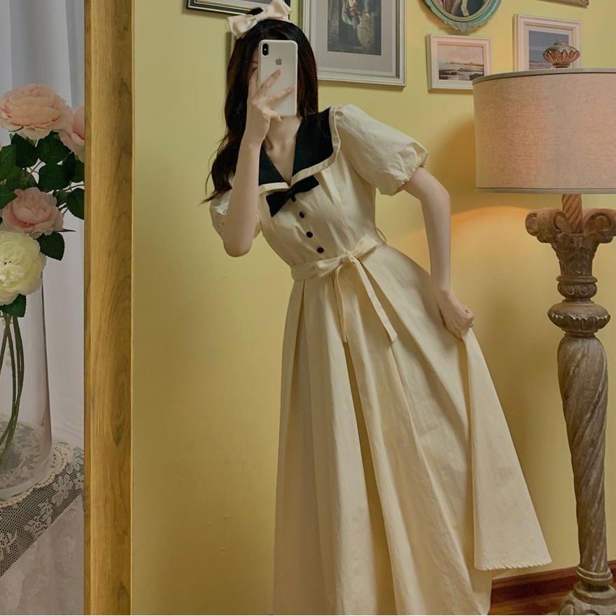 Đầm Dài Cổ Thủy Thủ Ôm Eo Thoải Mái Phong Cách Retro Pháp Ngọt Ngào Cho Nữ