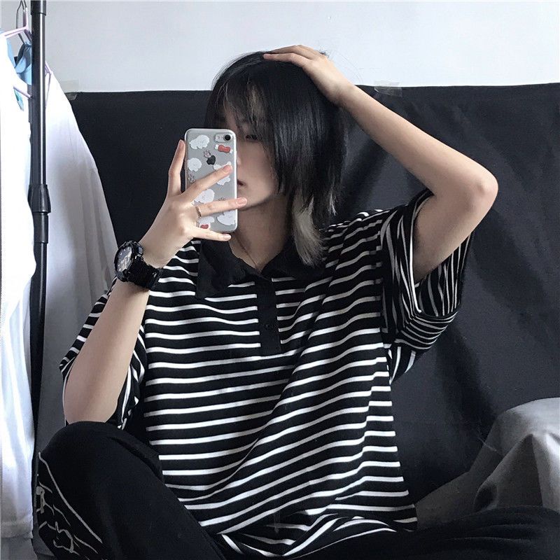 Áo polo Tay Ngắn Dáng Rộng Họa Tiết Kẻ Sọc Thời Trang Mùa Hè Phong Cách Hàn Quốc Mới Cho Nữ