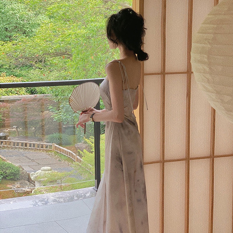 [Đầm Hai Dây] F &amp; X Satin Hai Dây Dáng Ôm In Họa Tiết Rỗng Nhẹ Nhàng Phong Cách Trung Hoa Thanh Lịch Cao Cấp Quyến Rũ Dành Cho Nữ