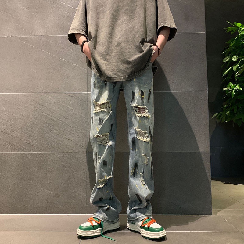 Quần jean nam xanh, form baggy ống suông Dáng Rách Gối chất vải jeans bò,quần jeans nam hottrend hàn quốc 2023