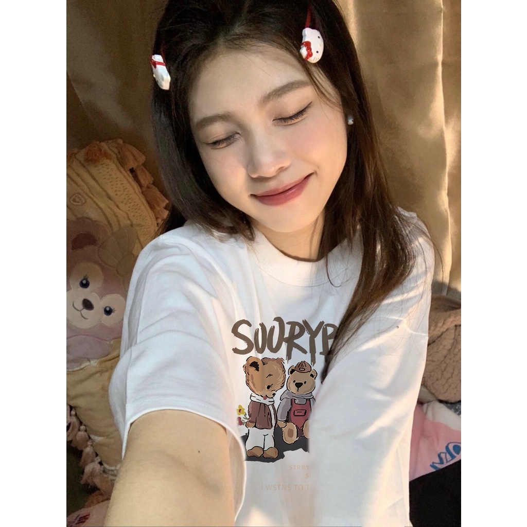 Áo Thun Cotton Cổ Tròn Ngắn Tay Dáng Rộng In Họa Tiết Đơn Giản Hợp Mùa Xuân Hè