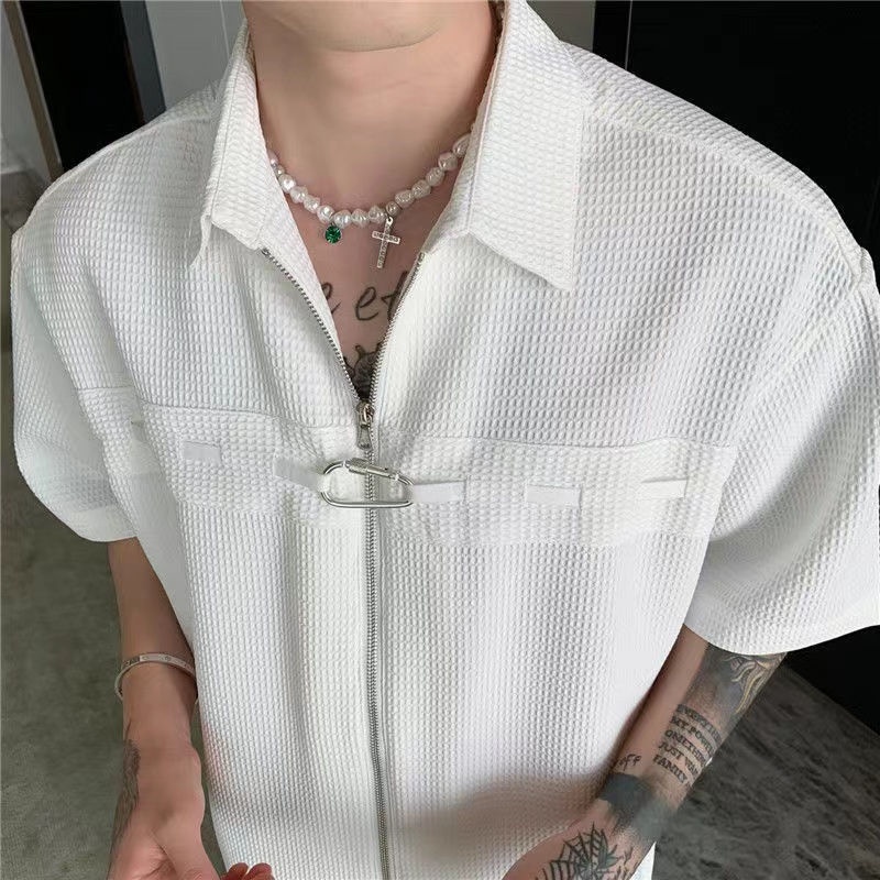 Áo Sơ Mi Tay Ngắn Dáng Rộng Có Khóa Kéo Phong Cách Thời Trang Đường Phố Mỹ Cho Nam Và Nữ