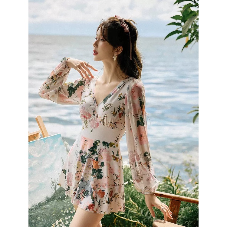 Bộ Đồ Bơi Một Mảnh Ôm Dáng Tay Dài In Họa Tiết Hoa Thời Trang Mới 2023 Cho Nữ