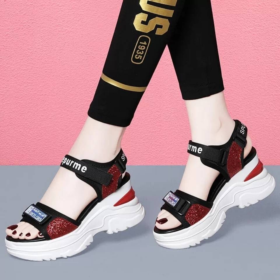 Giày Sandal Cao Gót Hở Ngón Đế Xuồng Quai Dán Đính Kim Sa Lấp Lánh Phong Cách Mới Thời Trang Mùa Hè 2021 Dành Cho Bạn Nữ Đi