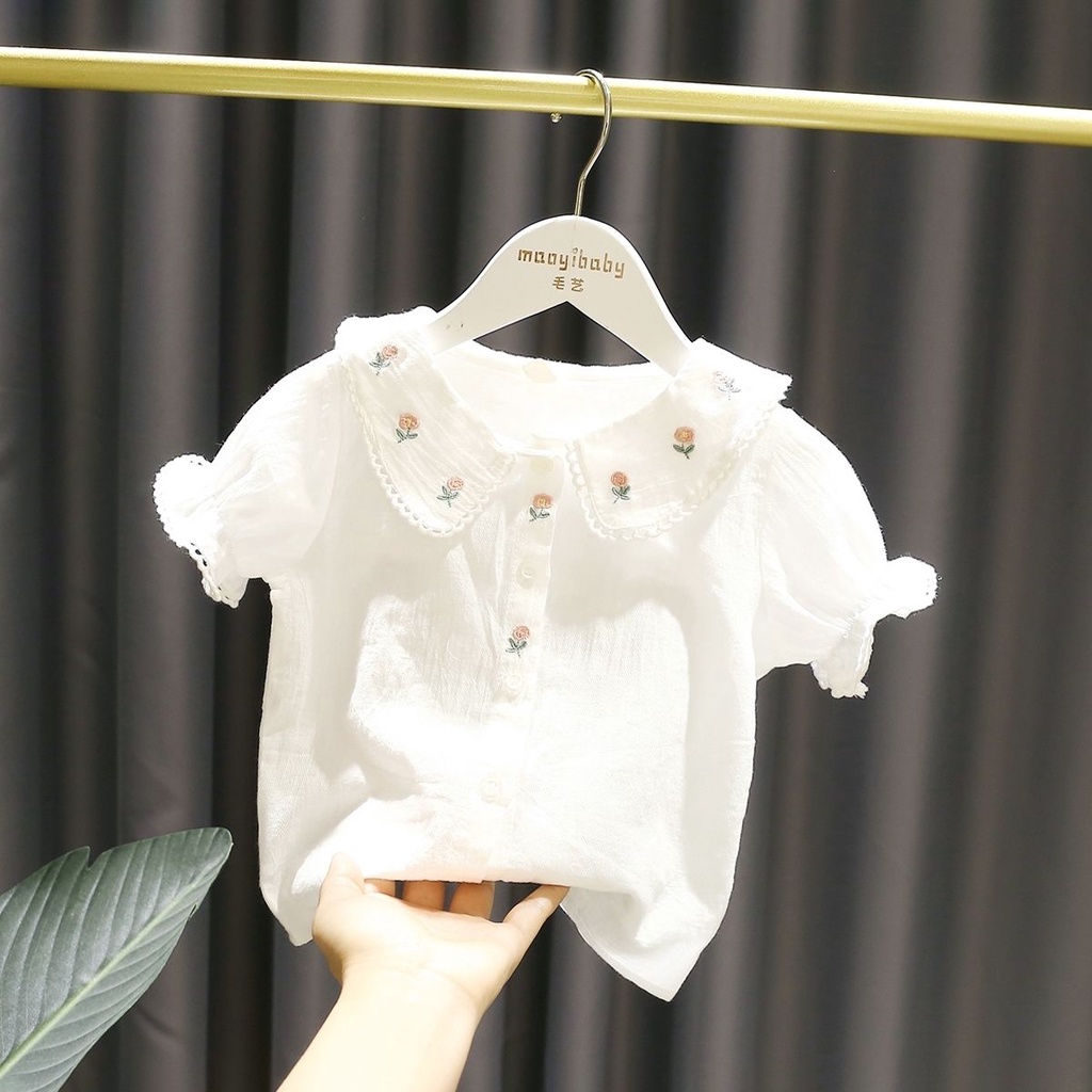 Áo Thun Tay Ngắn Phồng Cổ Bẻ Thêu Hoa Nhỏ Thời Trang Mùa Hè Cho Nữ