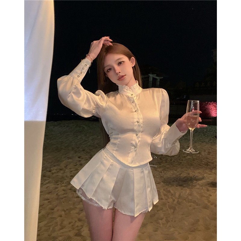 Áo Sơ Mi Cổ Đứng Tay Dài Dáng Ôm Thời Trang Mùa Xuân Cho Nữ