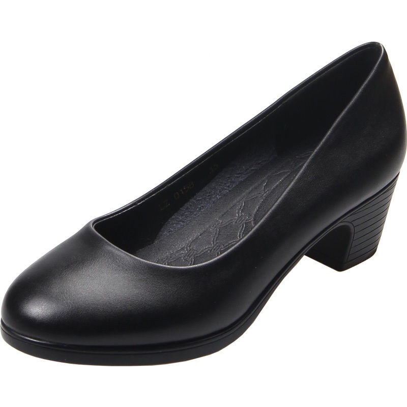 Giày cao gót chuyên nghiệp 35-41 giày da đế mềm gót vừa gót dày màu đen cho nữ giày công sở tiếp viên khách sạn mũi tròn miệng nông