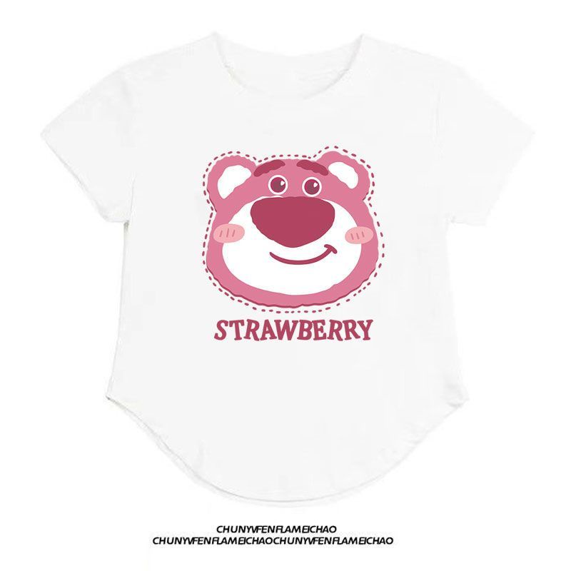 Áo Thun 100% Cotton Tay Ngắn Dáng Ôm In Hình Gấu Và Dâu Tây Dễ Thương Thời Trang Mùa Hè Cho Nữ