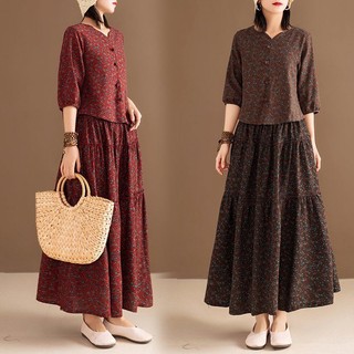 Bộ áo váy cotton lanh phong cách trung hoa cổ điển cho phụ nữ trung niên