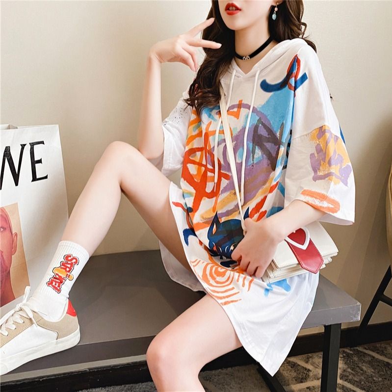 Áo Thun Ngắn Tay Dáng Rộng Có Mũ Trùm Thời Trang Mùa Hè Cho Nữ 40%