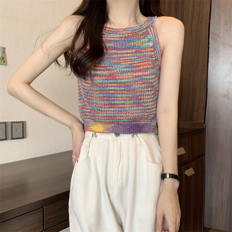 Áo Sweater Dệt Kim Hai Dây Dáng Ngắn Màu Cầu Vồng Dễ Thương Thời Trang Mùa Hè Cho Bạn Gái [40% Off]
