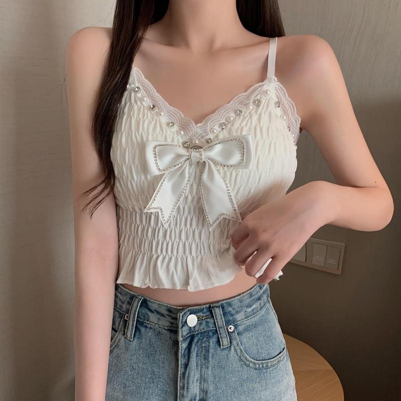 Hàng Mới Về Bán Chạy ~ Áo Không Tay Ngắn Phối Lưới Xếp Ly Đính Hạt Cườm Thắt Nơ Ngực Phong Cách Mới