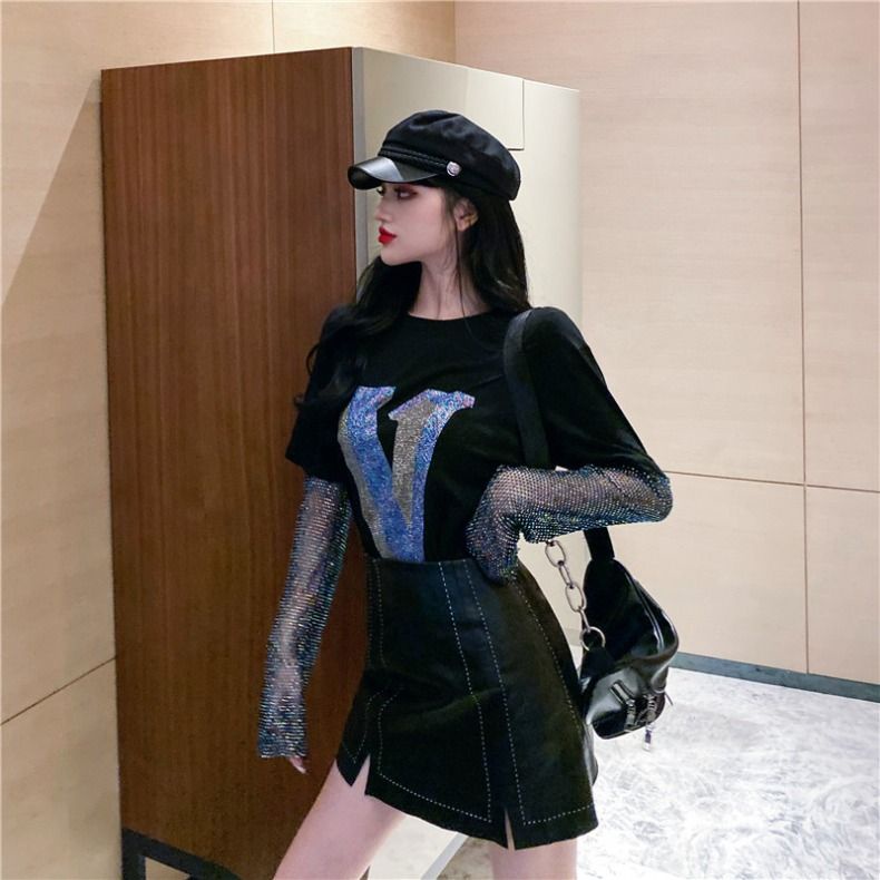 Hàng Châu Âu Siêu Hot ins Cùng Phong Cách Công Nghiệp Nặng Áo Giả Hai Mảnh Cổ Tròn Dáng Rộng Lấp Lánh Phong Cách Mới t @