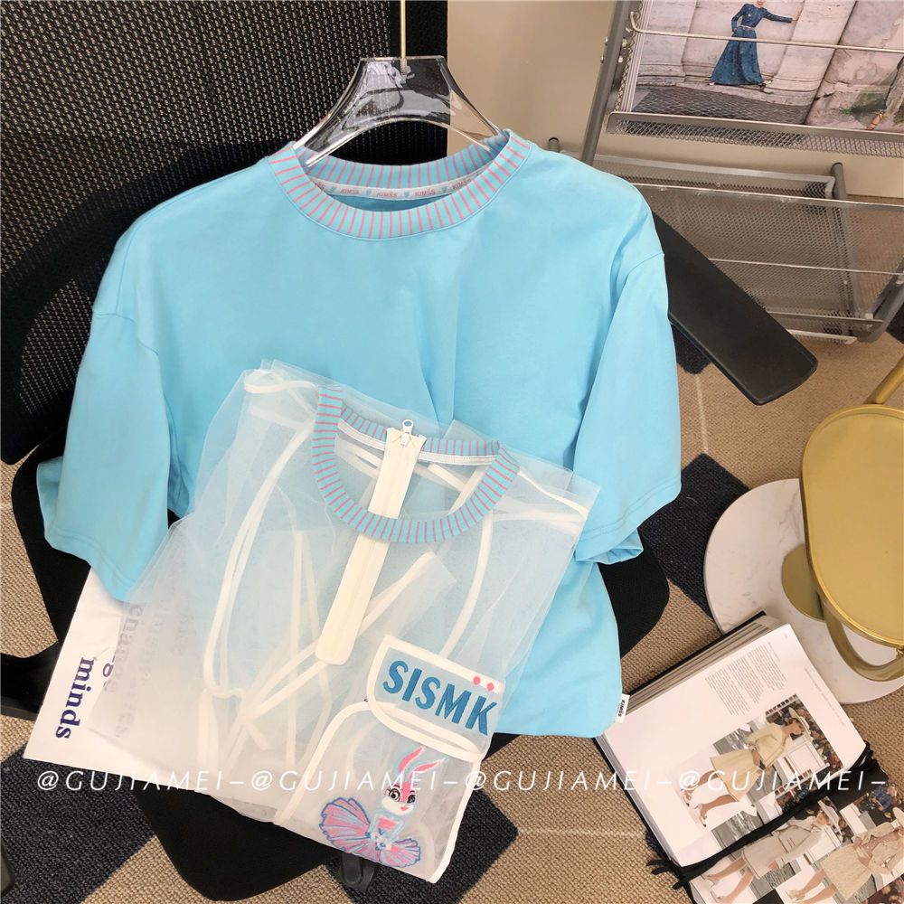 Áo Thun Vải Gạc Màu Xanh Dương Dáng Rộng Thêu Họa Tiết Thời Trang Mùa Hè Kiểu Mới Cho Nữ