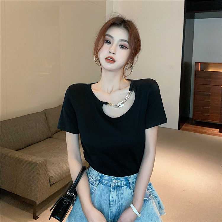 Áo Thun Tay Ngắn Dáng Rộng Phối Dây Xích Kim Loại Thời Trang Mùa Hè Kiểu Mới Cho Nữ