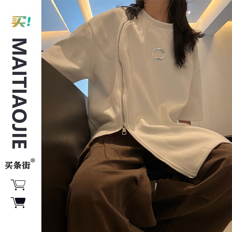 Áo Thun Tay Ngắn Cổ Tròn Dáng Rộng Phối Khóa Kéo Thiết Kế Không Đồng Đều Cao Cấp Thời Trang Mùa Hè Cho Nữ